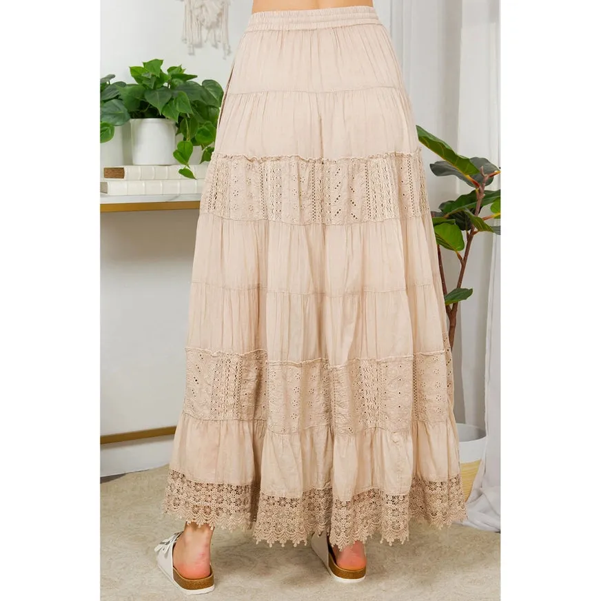 7 Tiered Crinkle Lace Patchwork Skirt - Oats