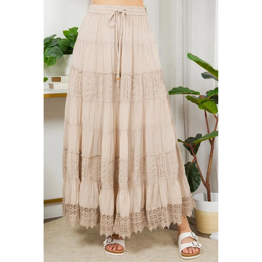 7 Tiered Crinkle Lace Patchwork Skirt - Oats