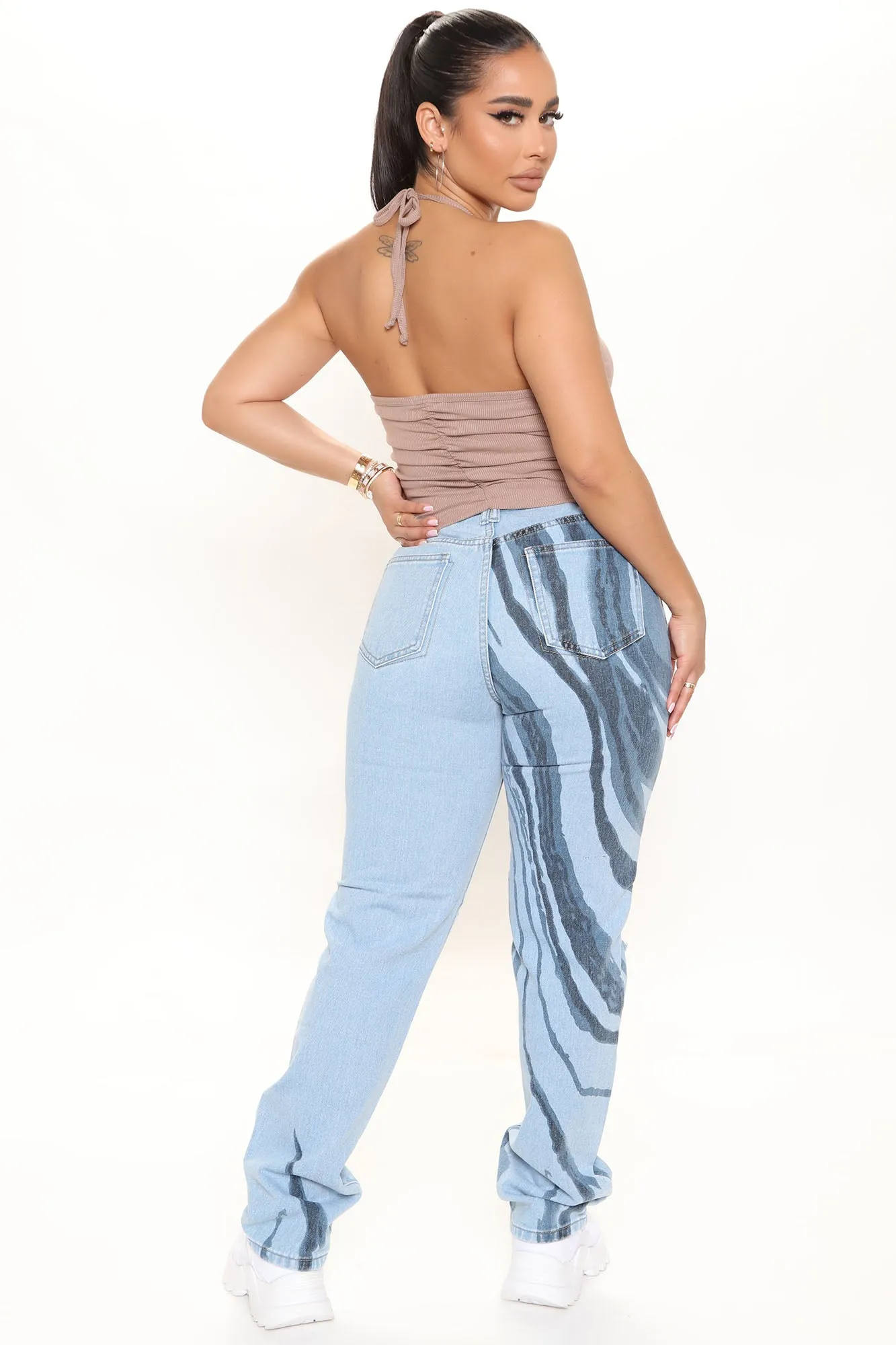 Abstract Print High Waist Straight Leg Jeans - Light Blue Wash