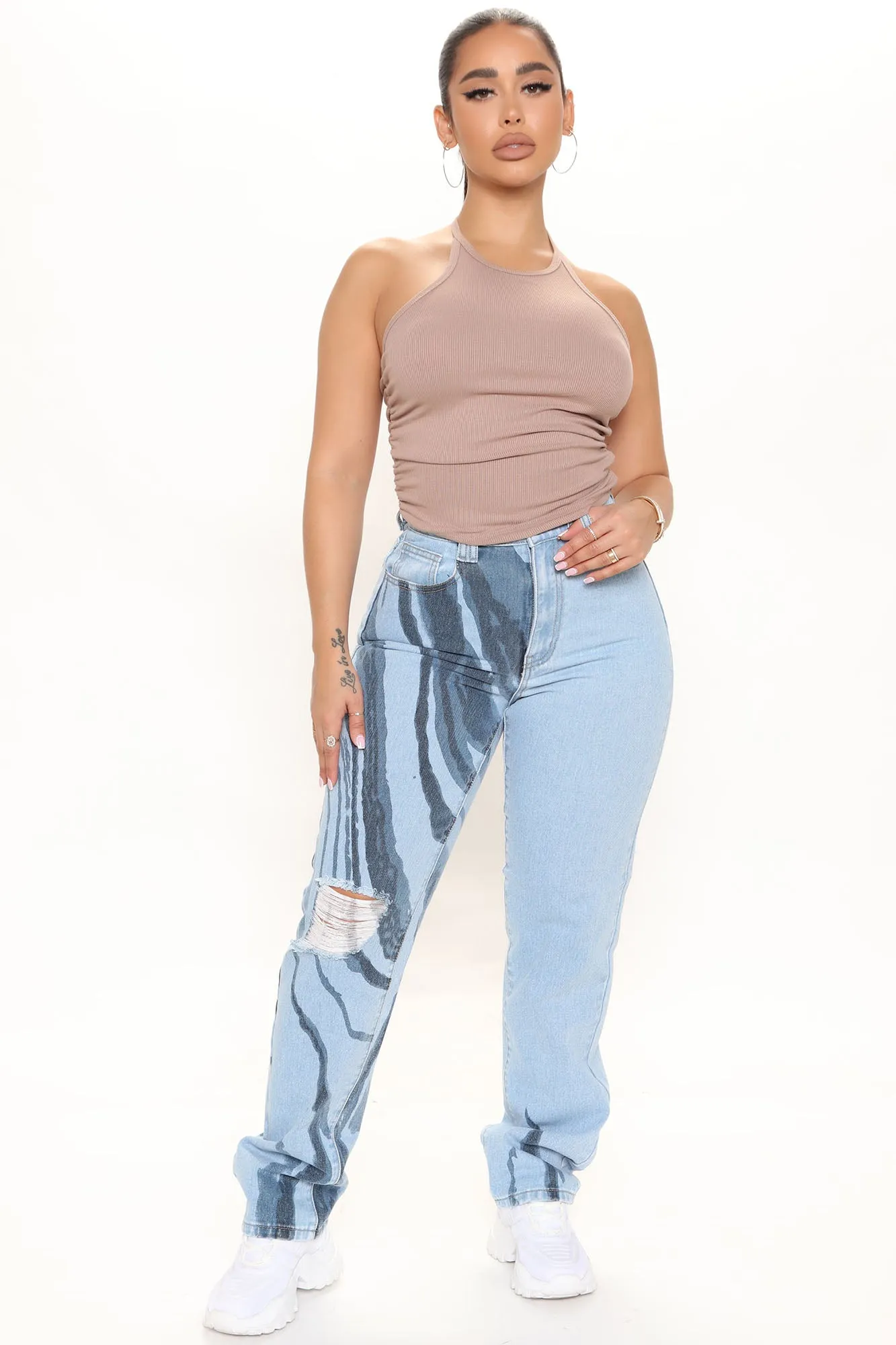 Abstract Print High Waist Straight Leg Jeans - Light Blue Wash