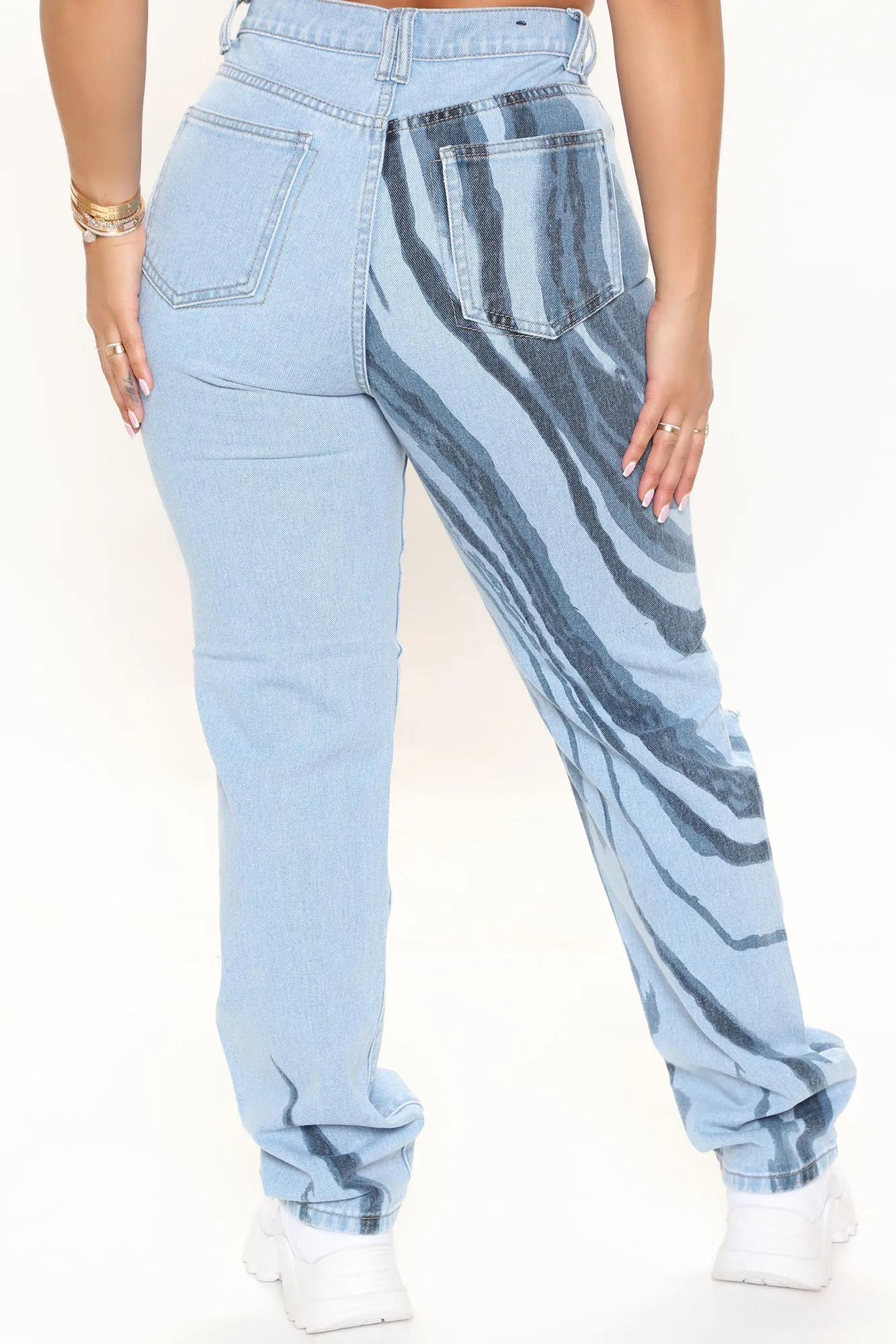 Abstract Print High Waist Straight Leg Jeans - Light Blue Wash