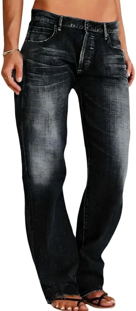 Akivide Women's Baggy Wide Leg Jeans Ripped Causal Loose Fit Boyfriend Distressed Straight Leg Ladies Denim Pants
