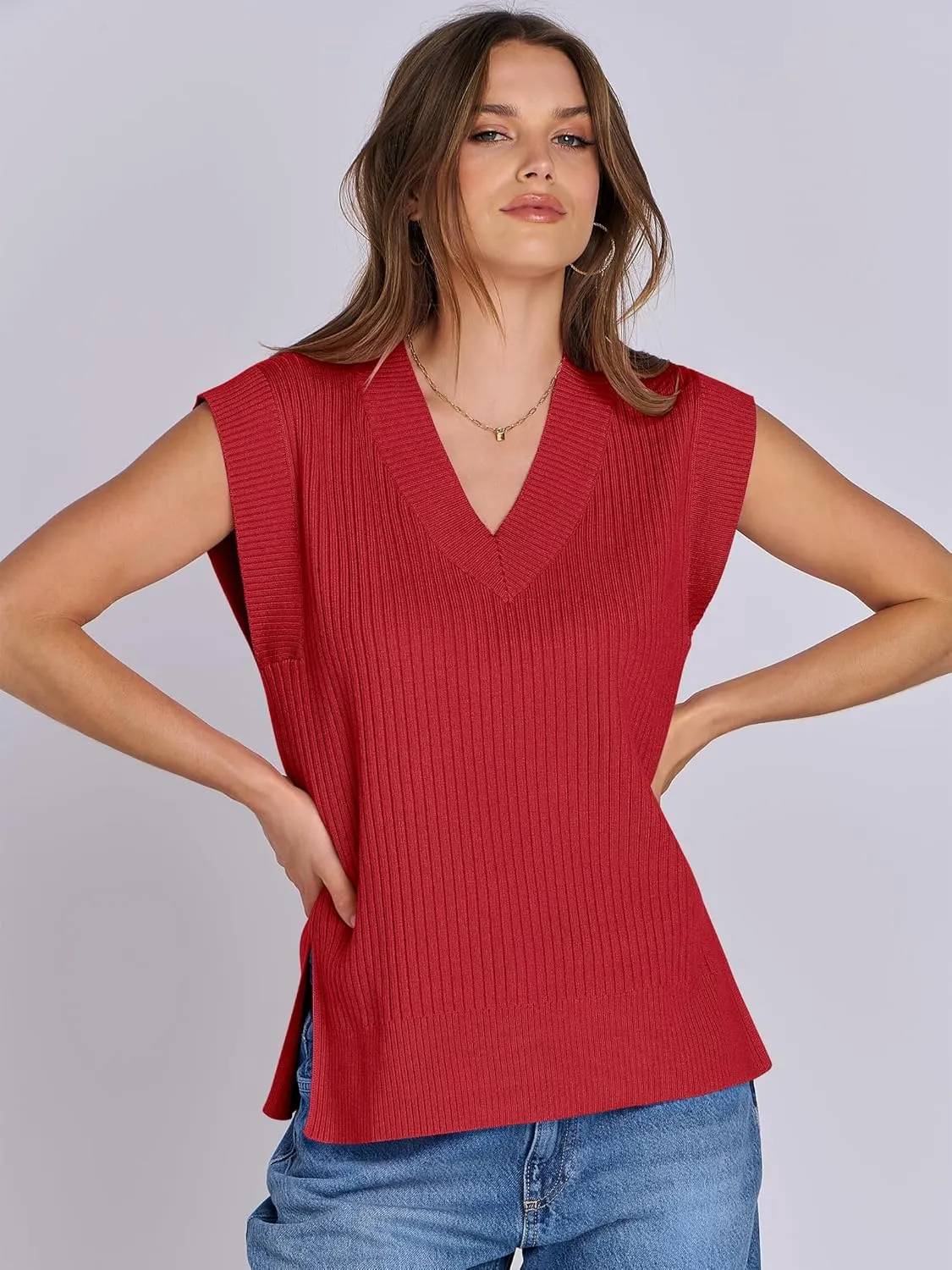ANRABESS Womens V Neck Sweater Vest Oversized Sleeveless Tops Casual Ribbed Knit Loose 2025 Summer Tank Top Outfits Clothes