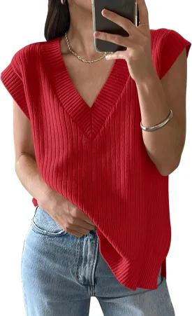 ANRABESS Womens V Neck Sweater Vest Oversized Sleeveless Tops Casual Ribbed Knit Loose 2025 Summer Tank Top Outfits Clothes