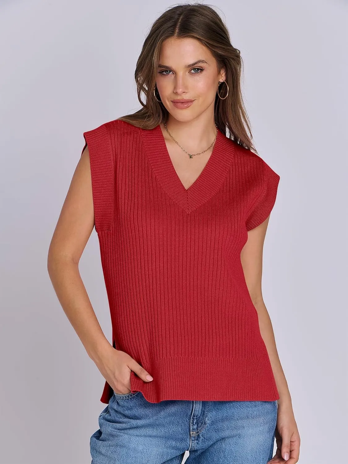 ANRABESS Womens V Neck Sweater Vest Oversized Sleeveless Tops Casual Ribbed Knit Loose 2025 Summer Tank Top Outfits Clothes