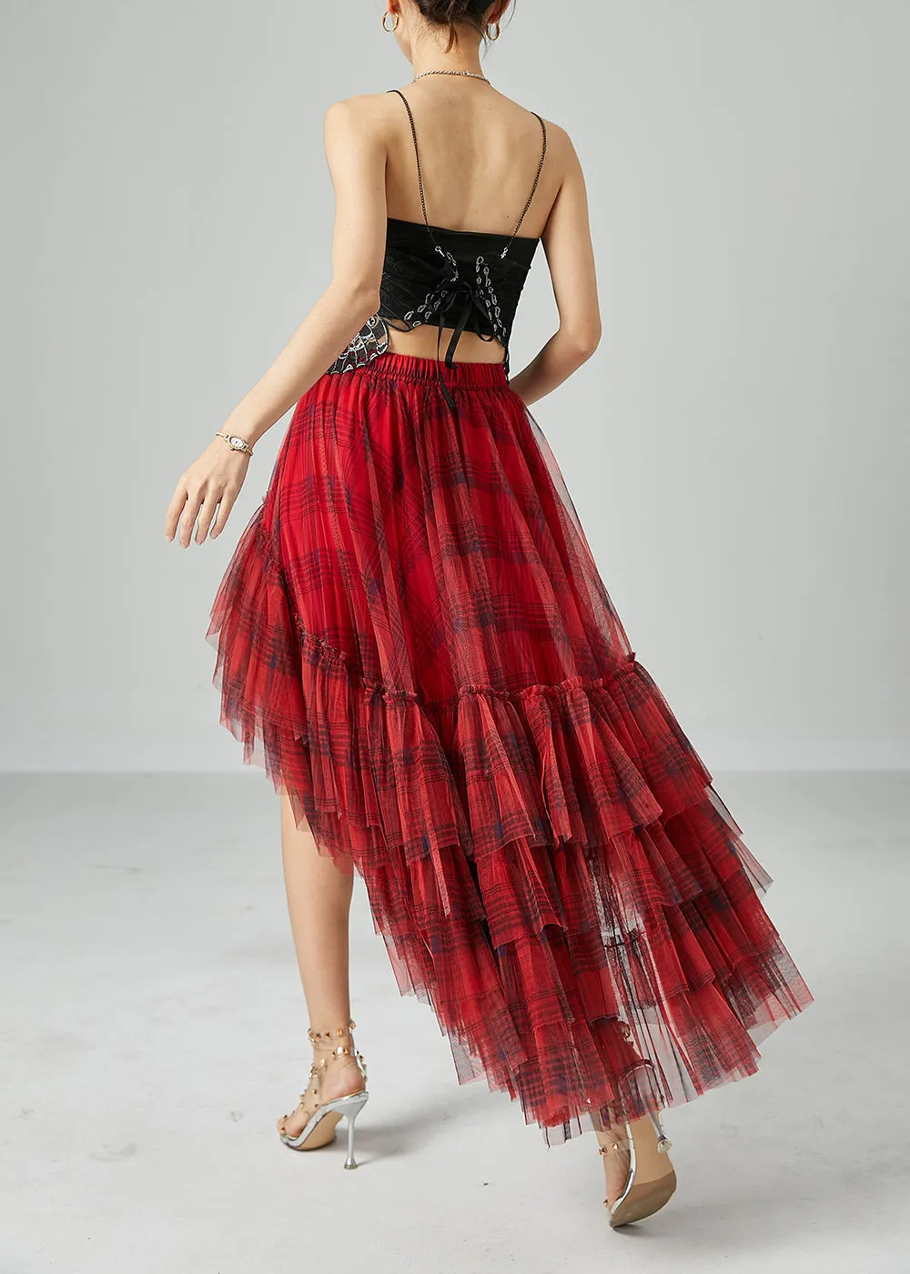 Beautiful Mulberry Asymmetrical Patchwork Wrinkled Tulle Skirt Summer LY2427