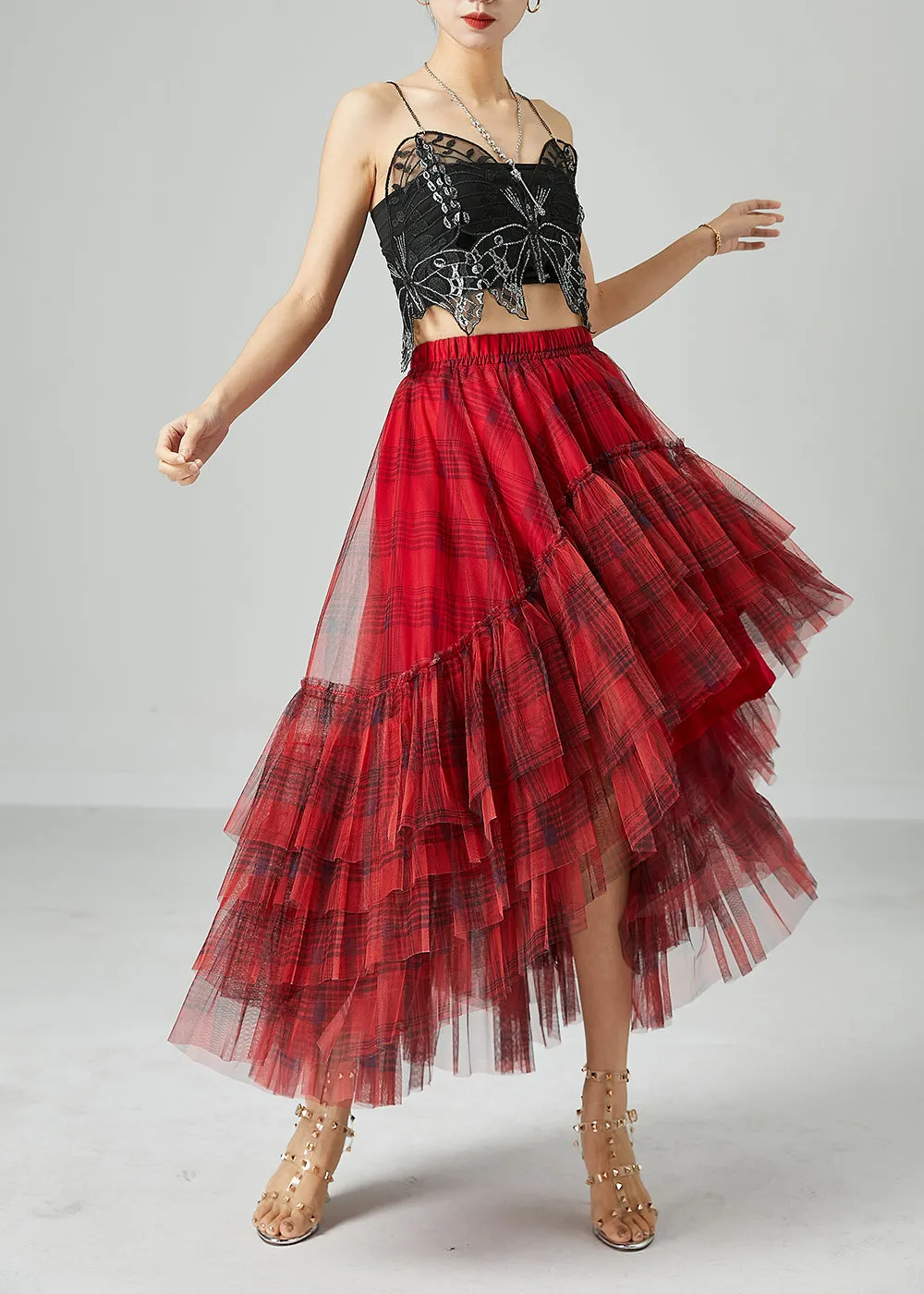 Beautiful Mulberry Asymmetrical Patchwork Wrinkled Tulle Skirt Summer LY2427