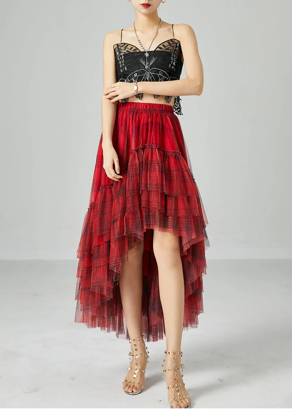 Beautiful Mulberry Asymmetrical Patchwork Wrinkled Tulle Skirt Summer LY2427