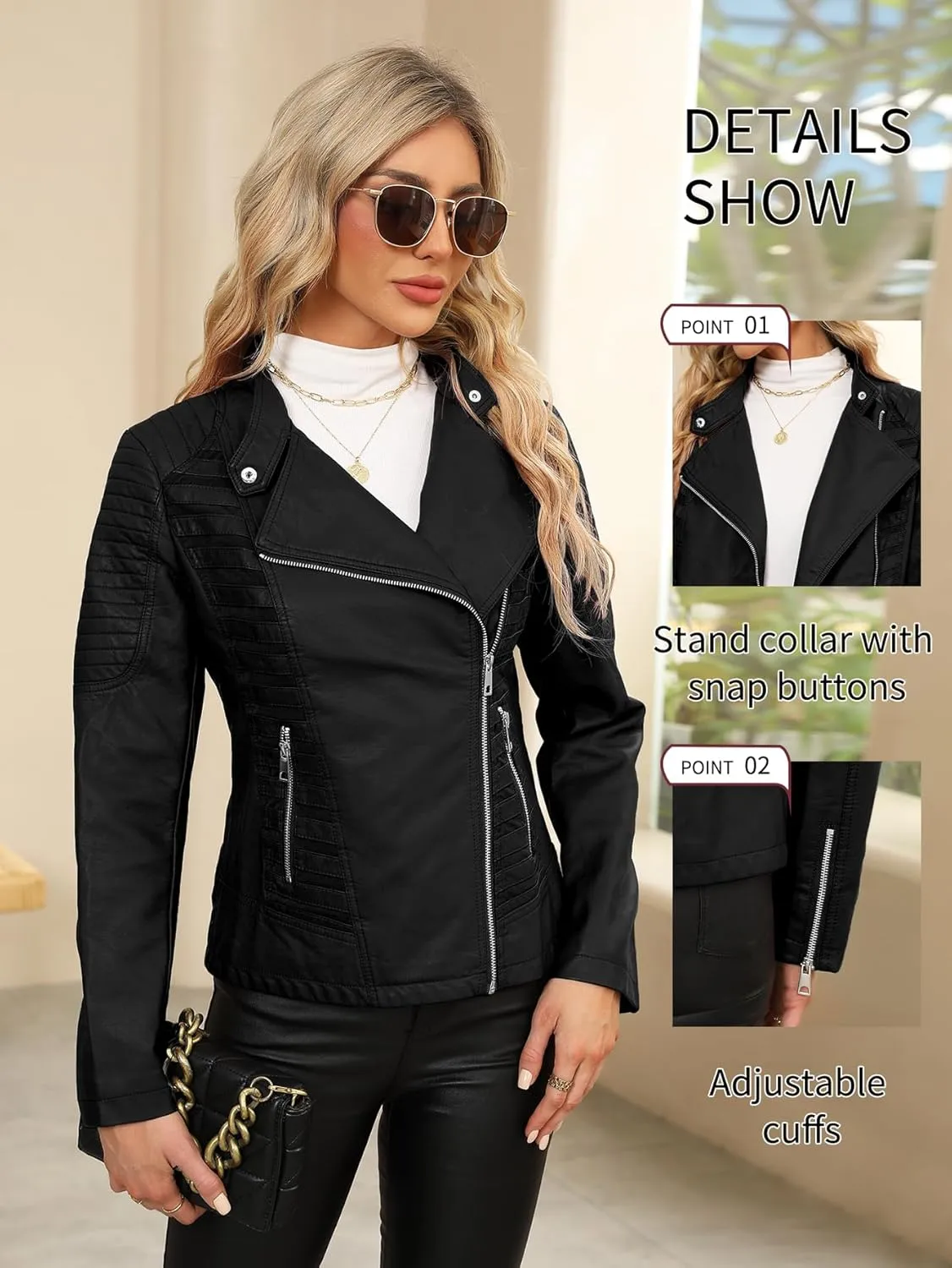 Bellivera Women Faux Leather Motorcycle Jacket Trendy Moto Biker Casual Spring Coat