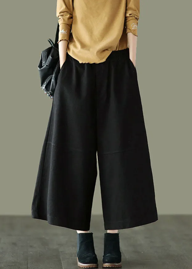 Black Patchwork Cotton Crop Pants Wide Leg High Waist Spring TG1048