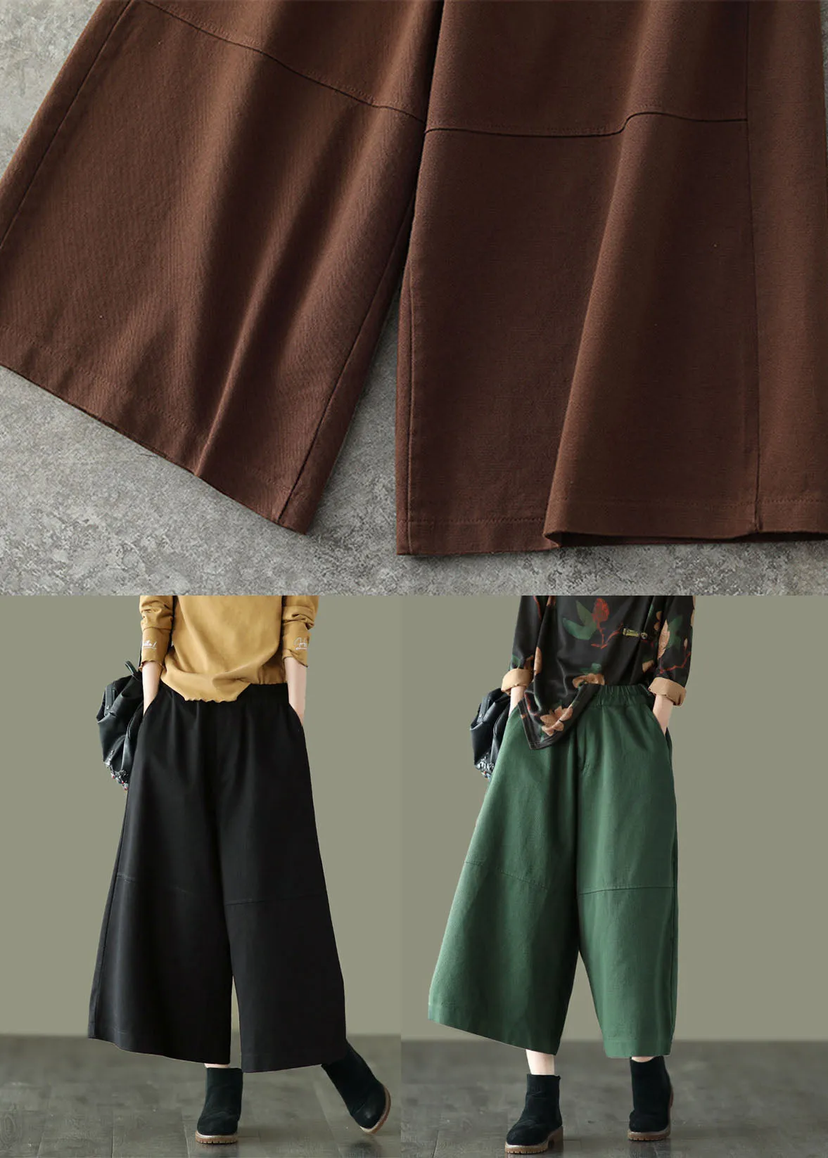 Black Patchwork Cotton Crop Pants Wide Leg High Waist Spring TG1048