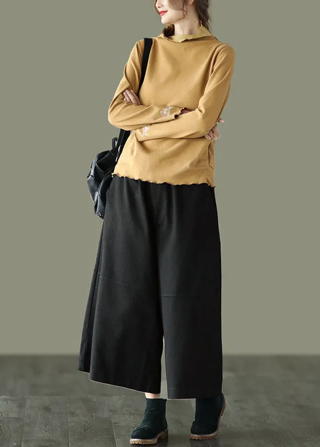 Black Patchwork Cotton Crop Pants Wide Leg High Waist Spring TG1048