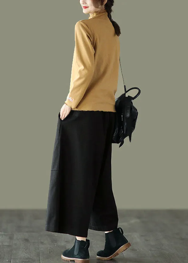 Black Patchwork Cotton Crop Pants Wide Leg High Waist Spring TG1048