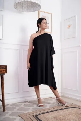 Black Rayon OneShoulder Dress - Solid
