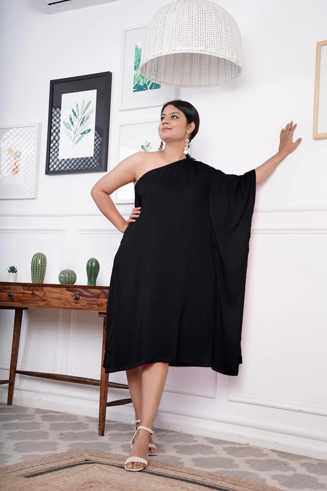 Black Rayon OneShoulder Dress - Solid