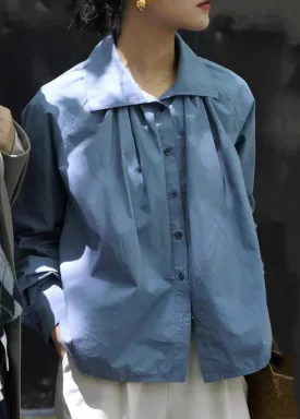 Blue Button Wrinkled Cotton Shirt Long Sleeve