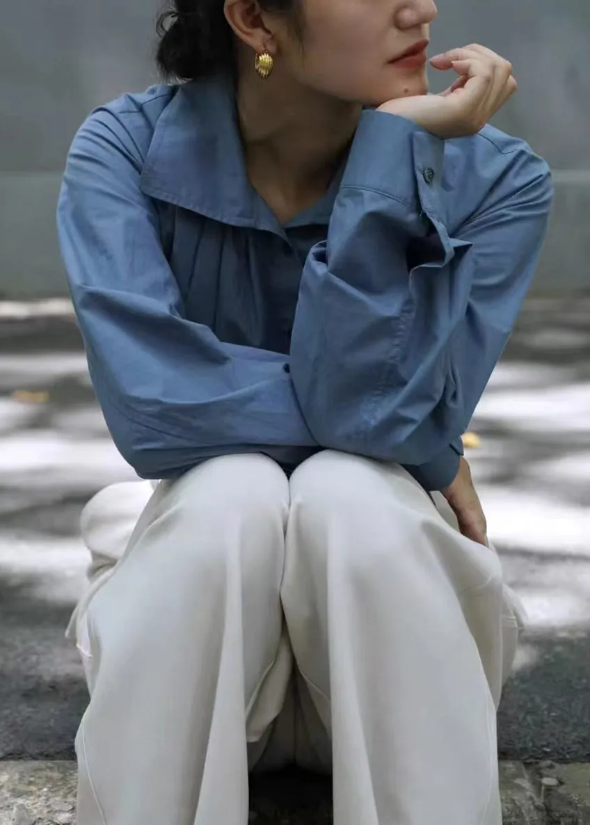 Blue Button Wrinkled Cotton Shirt Long Sleeve