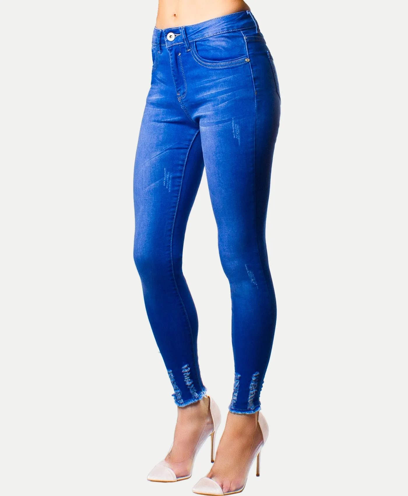 Blue Distressed Hem Skinny Jeans