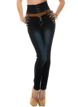 Blue High waist slim skinny Stretchy Jeans Trousers    Belt