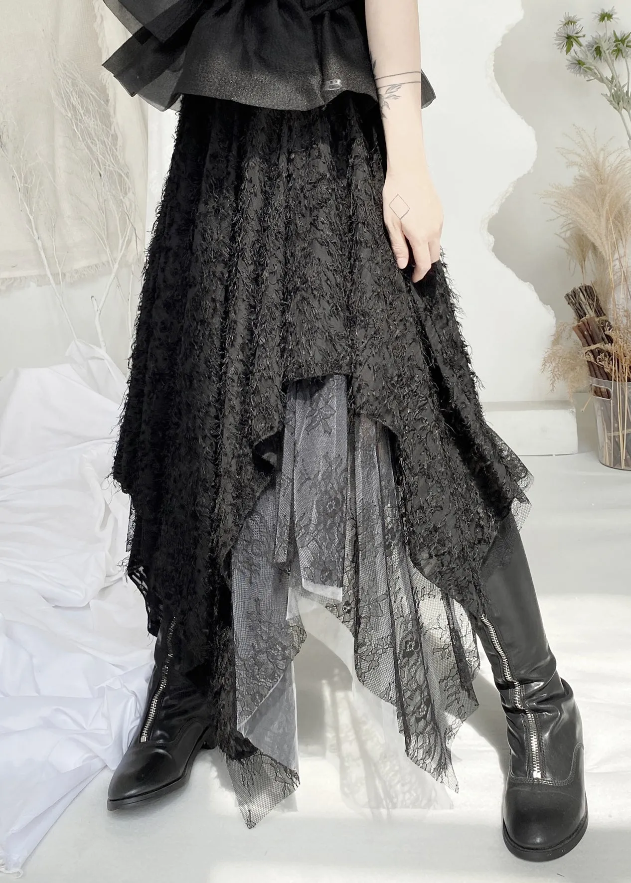 Boho Black Elastic Waist Lace Patchwork Tulle Maxi Skirt Fall LY9311