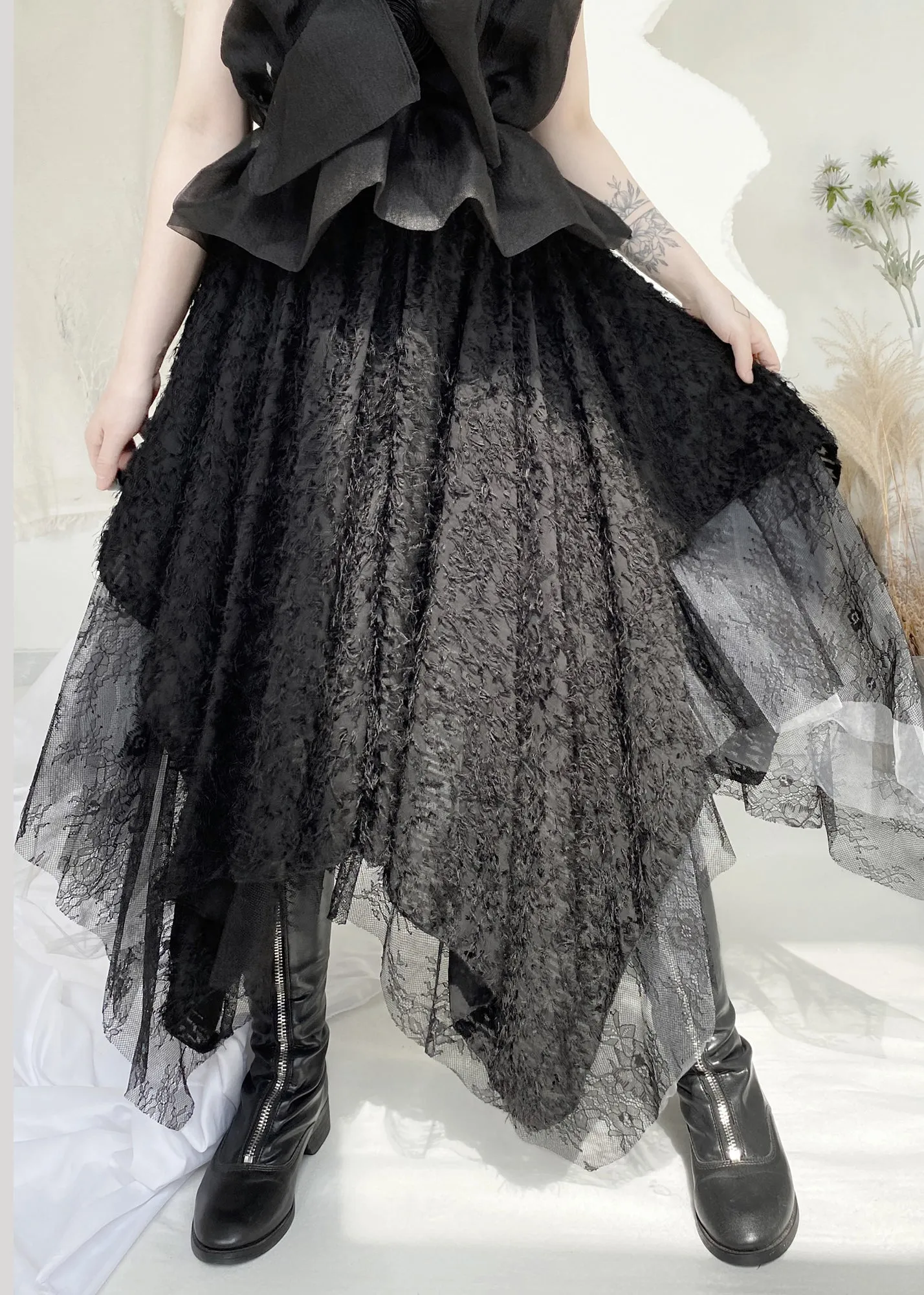 Boho Black Elastic Waist Lace Patchwork Tulle Maxi Skirt Fall LY9311