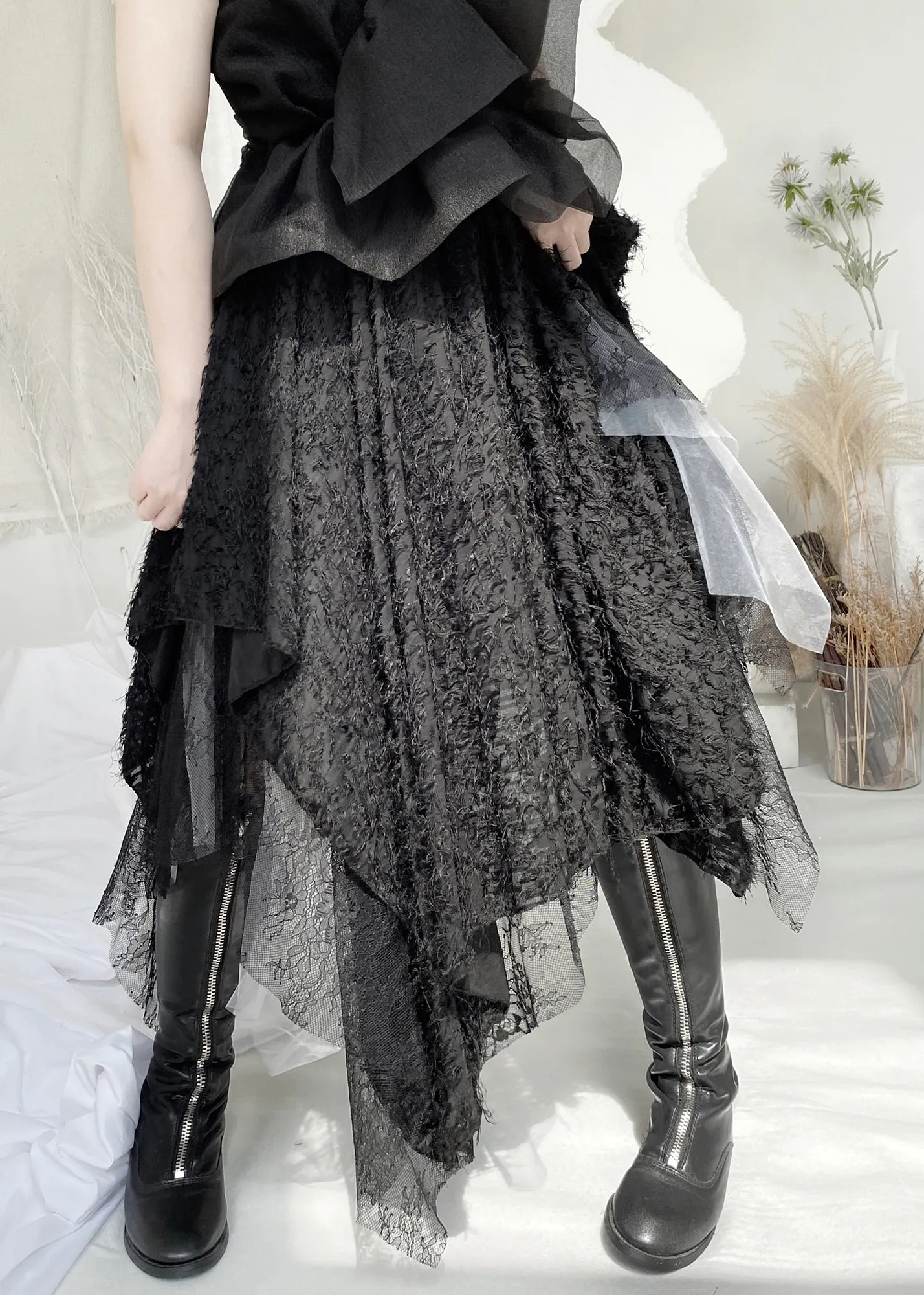Boho Black Elastic Waist Lace Patchwork Tulle Maxi Skirt Fall LY9311