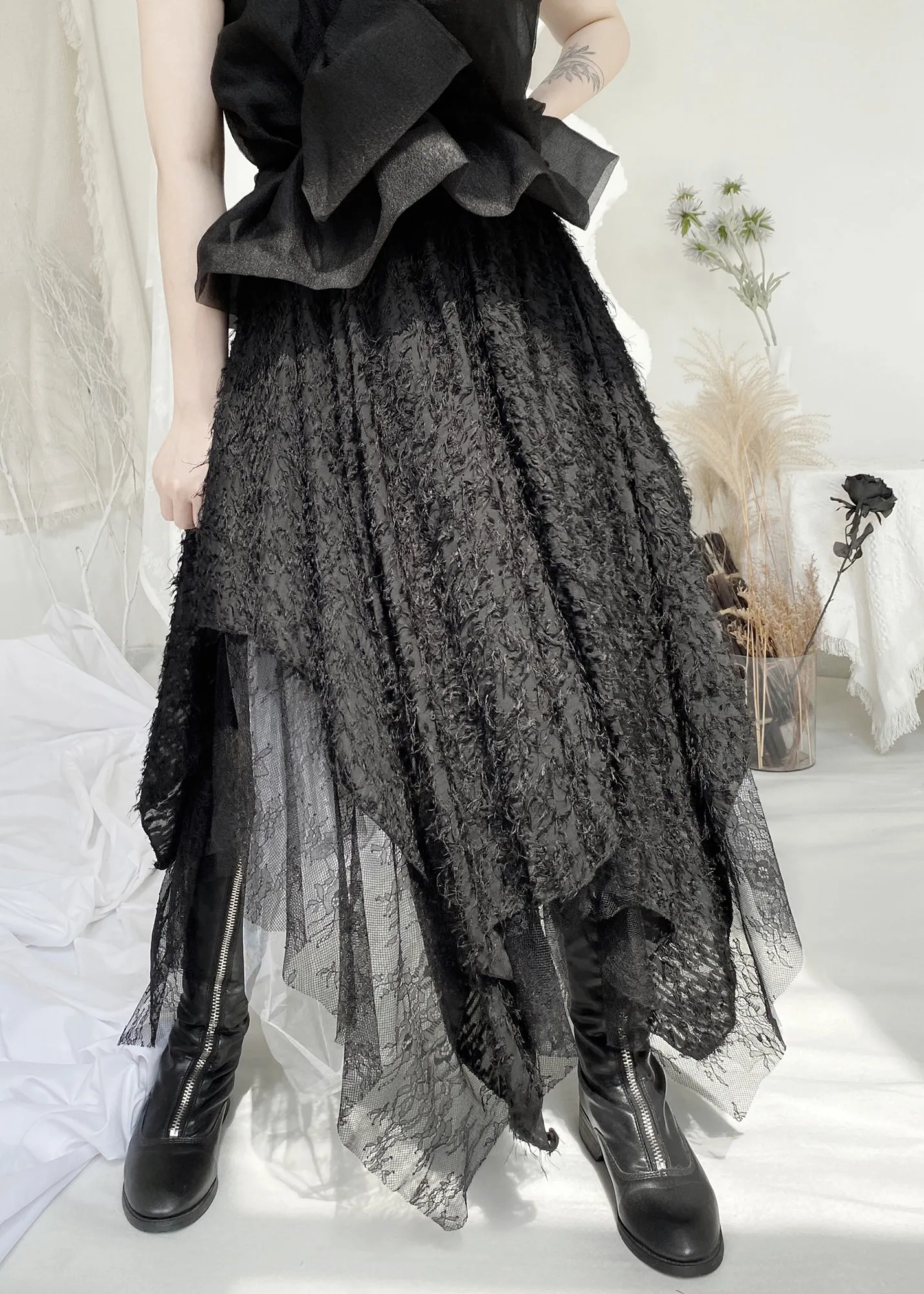 Boho Black Elastic Waist Lace Patchwork Tulle Maxi Skirt Fall LY9311