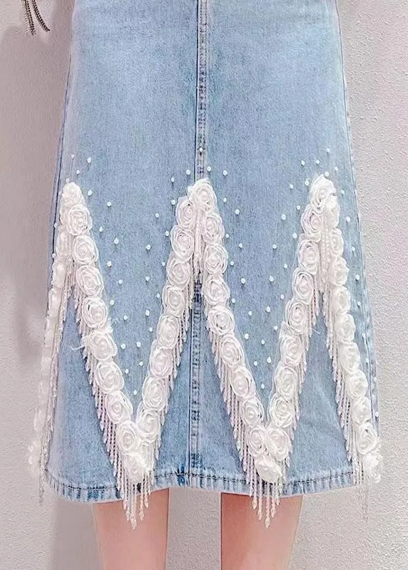 Boho Light Blue Tassel Patchwork High Waist Deninm Skirt Summer TY1081