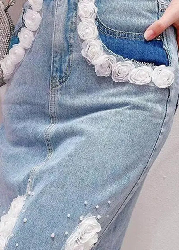 Boho Light Blue Tassel Patchwork High Waist Deninm Skirt Summer TY1081
