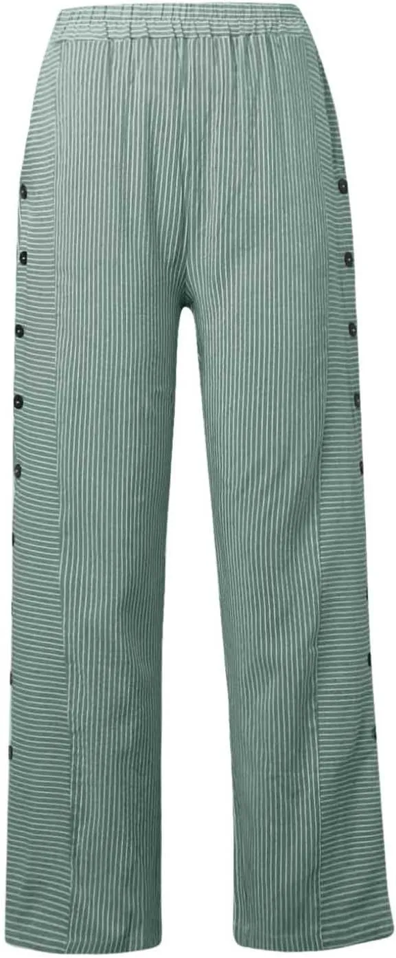 Casual Pants for Women Trendy Stripe Side Button Up Elastic Waist Straight Leg Trousers with Pocket