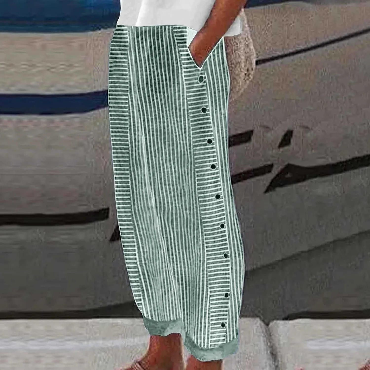 Casual Pants for Women Trendy Stripe Side Button Up Elastic Waist Straight Leg Trousers with Pocket