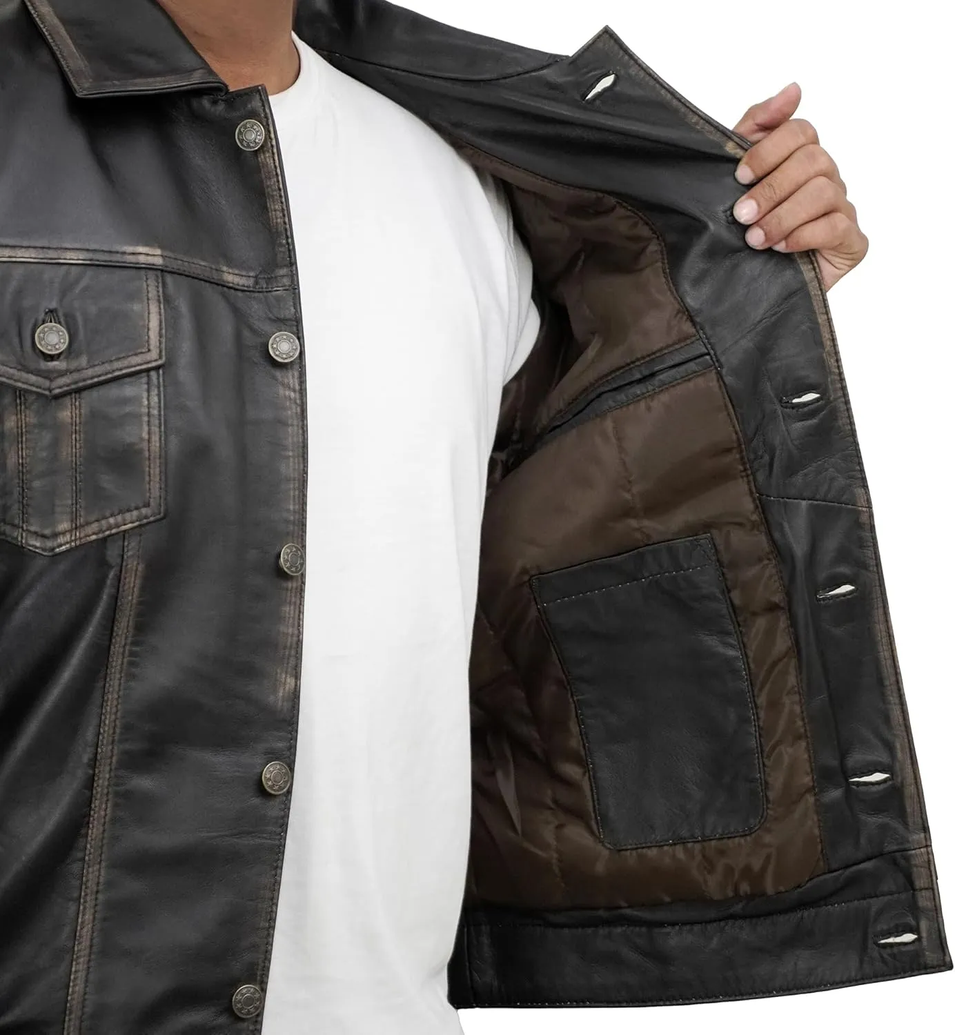 Casual Real Lambskin Vintage Style Outwear Mens Leather Jackets - Turn Down Collar Leather Trucker Jacket Men