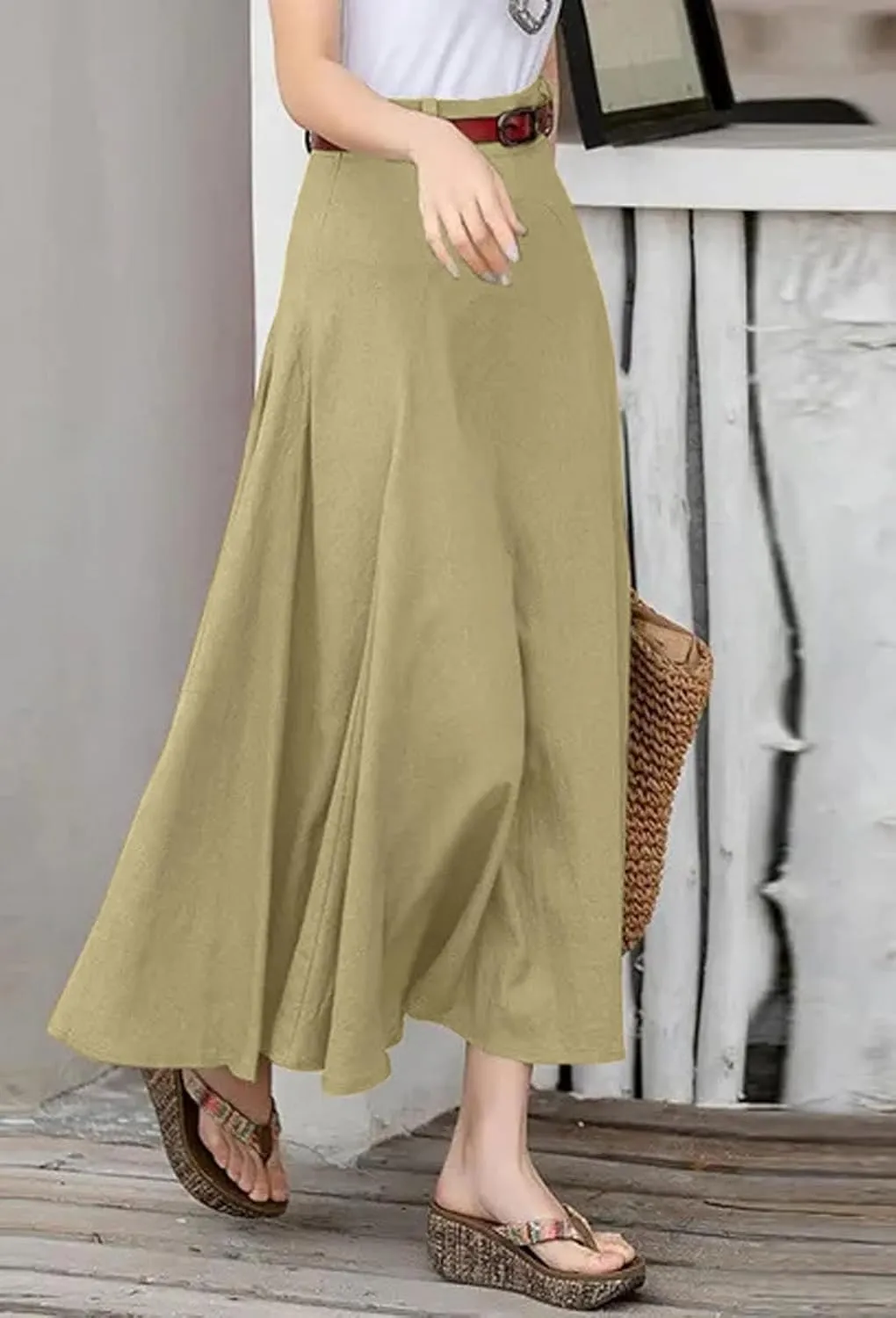CHARTOU Women Casual Cotton Linen A Line Skirt High Waist Long Flowy Skirt Flare Swing Ruffle Skirt