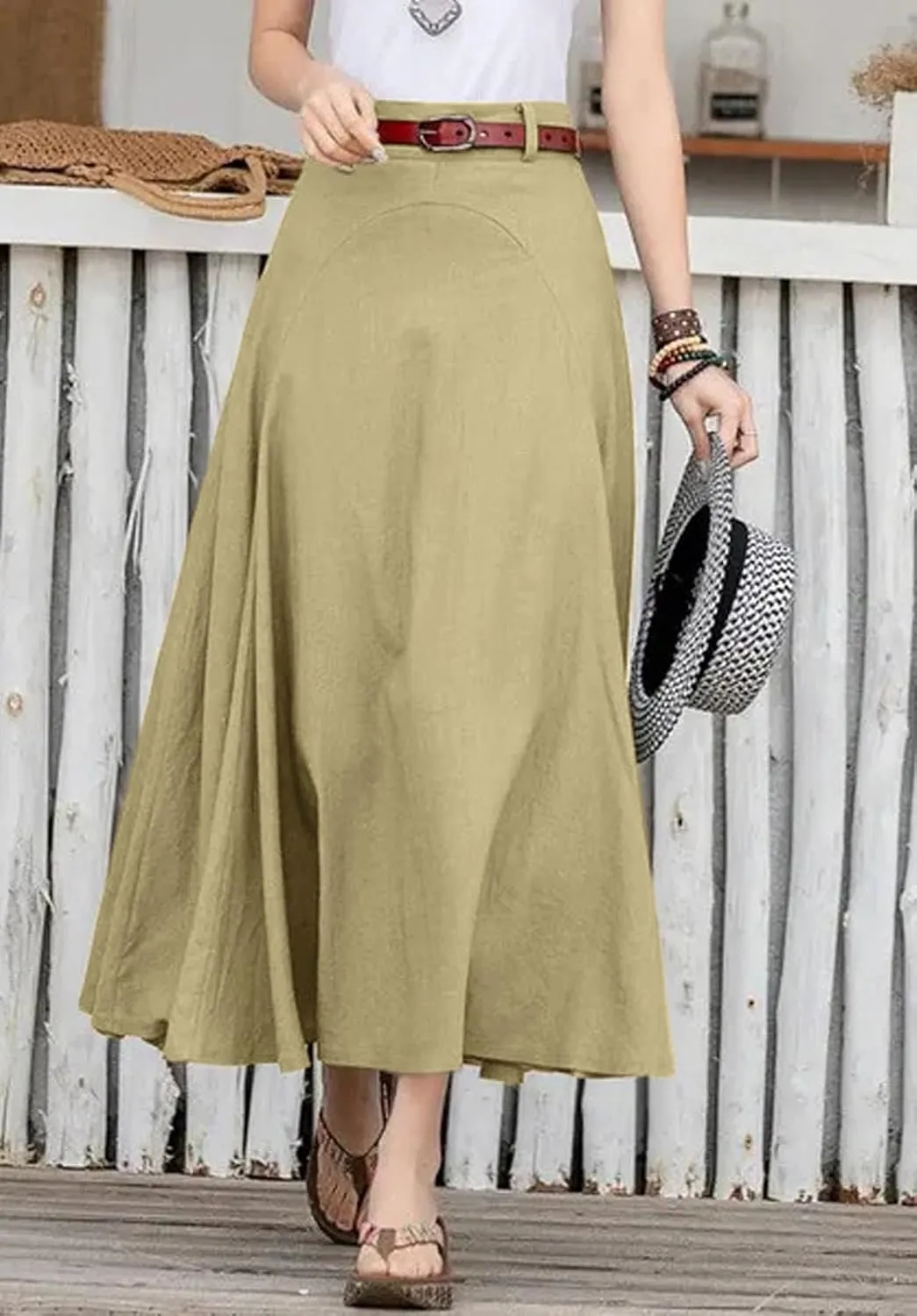 CHARTOU Women Casual Cotton Linen A Line Skirt High Waist Long Flowy Skirt Flare Swing Ruffle Skirt