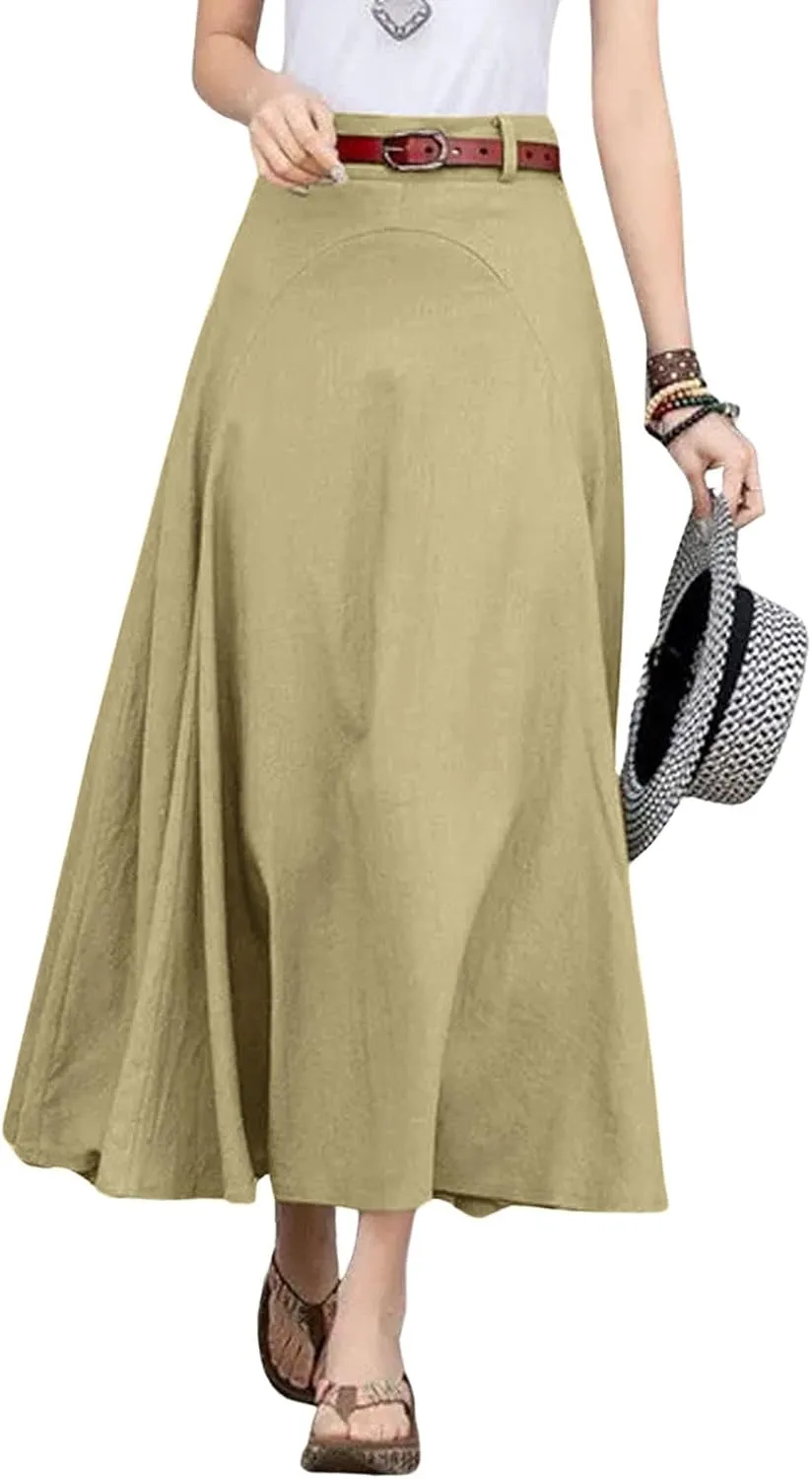 CHARTOU Women Casual Cotton Linen A Line Skirt High Waist Long Flowy Skirt Flare Swing Ruffle Skirt