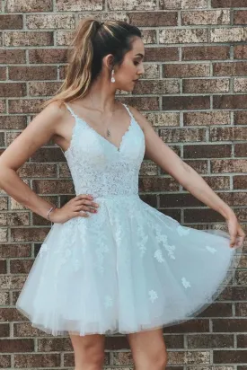Cute V Neck Open Back White Lace Short Prom Dress, White Lace Homecoming Dress, White Formal Evening Dress A1270