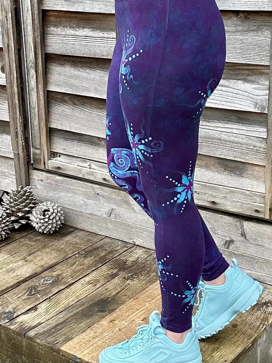 Deep Purple and Turquoise Moon & Star Batik Leggings - Size SMALL