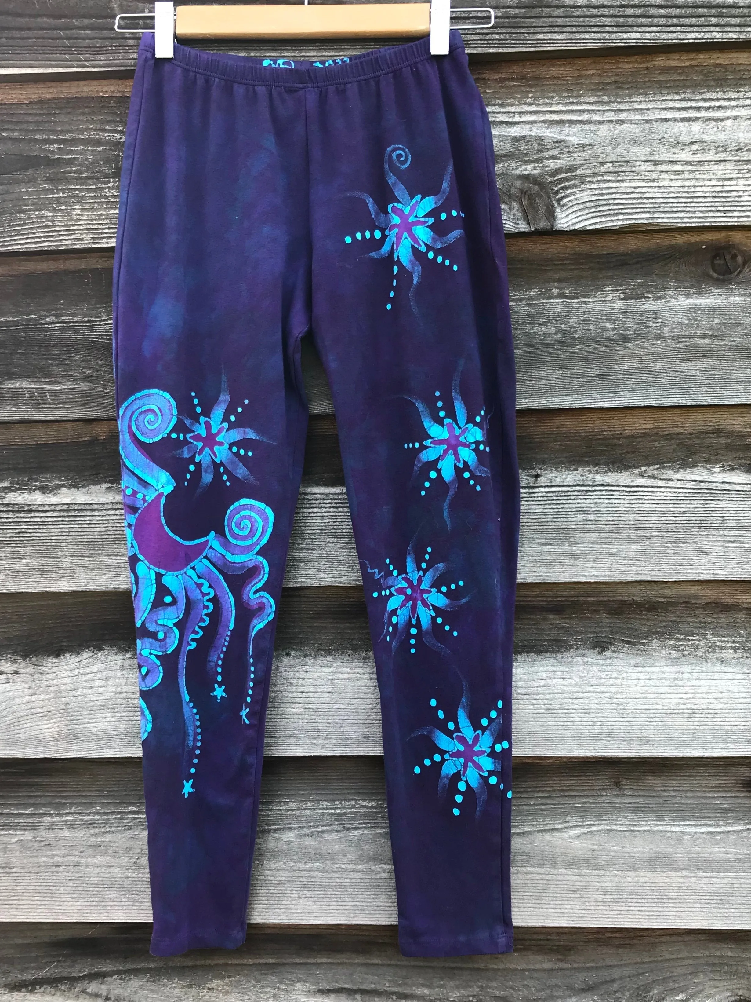 Deep Purple and Turquoise Moon & Star Batik Leggings - Size SMALL