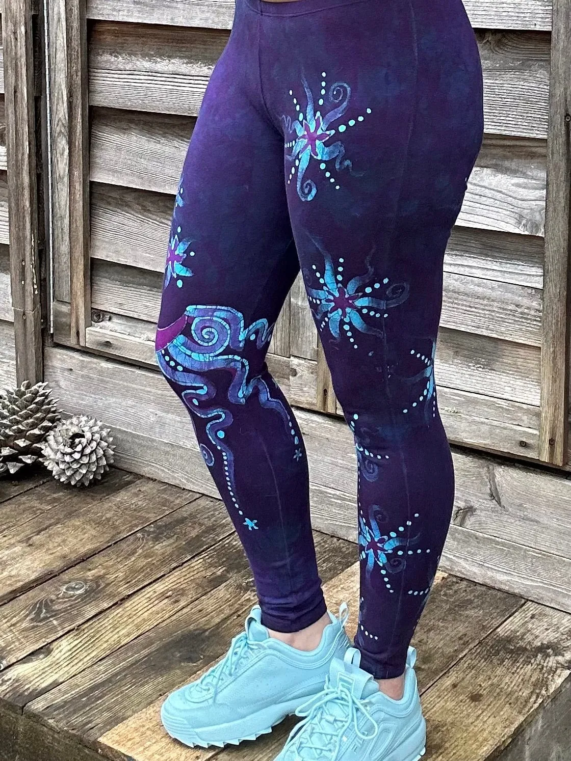 Deep Purple and Turquoise Moon & Star Batik Leggings - Size SMALL