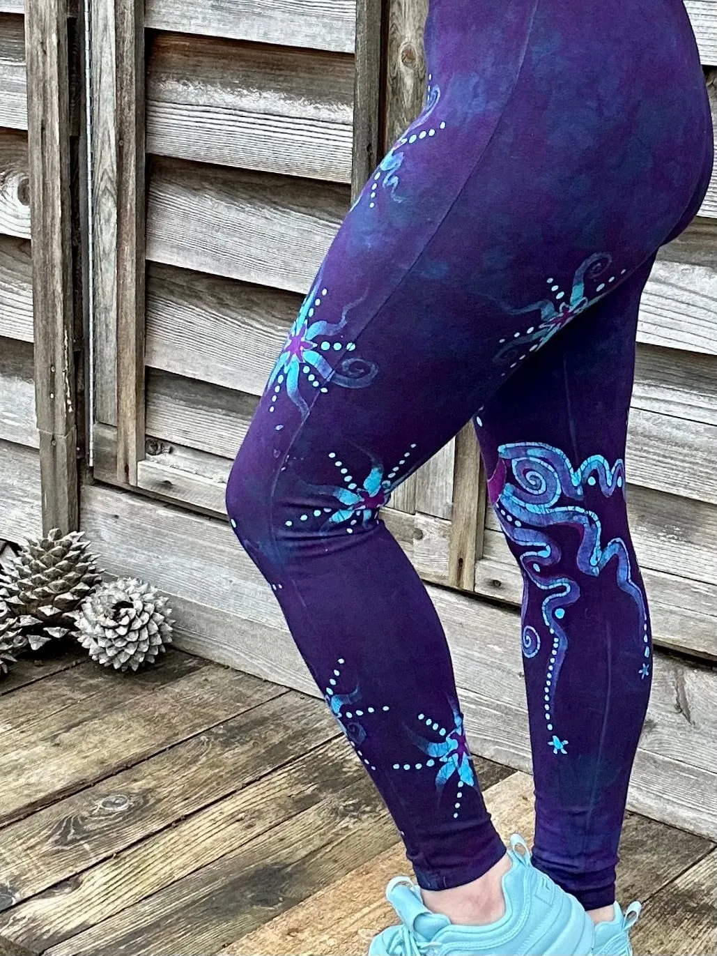 Deep Purple and Turquoise Moon & Star Batik Leggings - Size SMALL