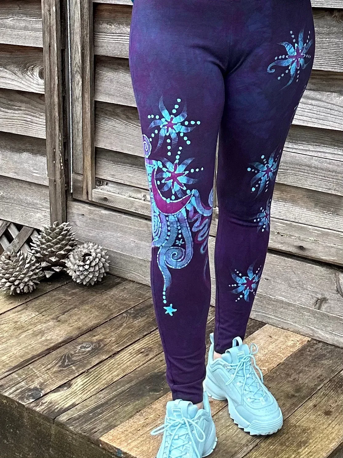 Deep Purple and Turquoise Moon and Star Batik Leggings - Size MEDIUM