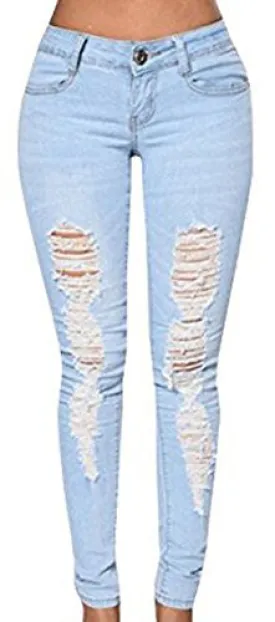 Dellytop Women's Blue Denim Stretch Jeans Destroy Skinny Ripped Distressed Pants, Blue, Large
