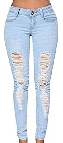 Dellytop Women's Blue Denim Stretch Jeans Destroy Skinny Ripped Distressed Pants, Blue, Large