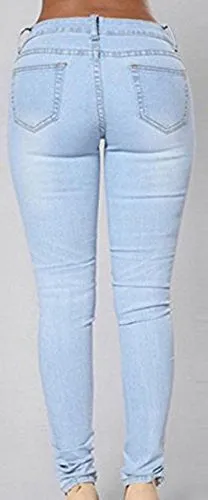 Dellytop Women's Blue Denim Stretch Jeans Destroy Skinny Ripped Distressed Pants, Blue, Large