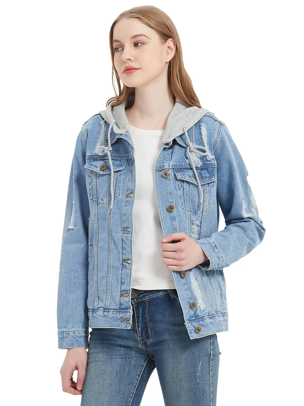 Detachable Hoodie Denim Distressed Jean Jacket