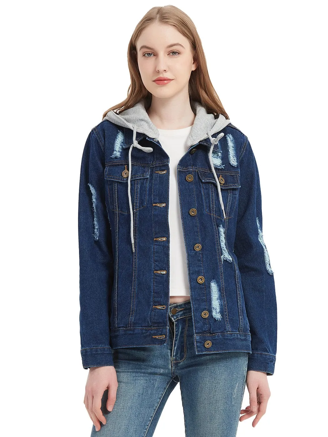 Detachable Hoodie Denim Distressed Jean Jacket