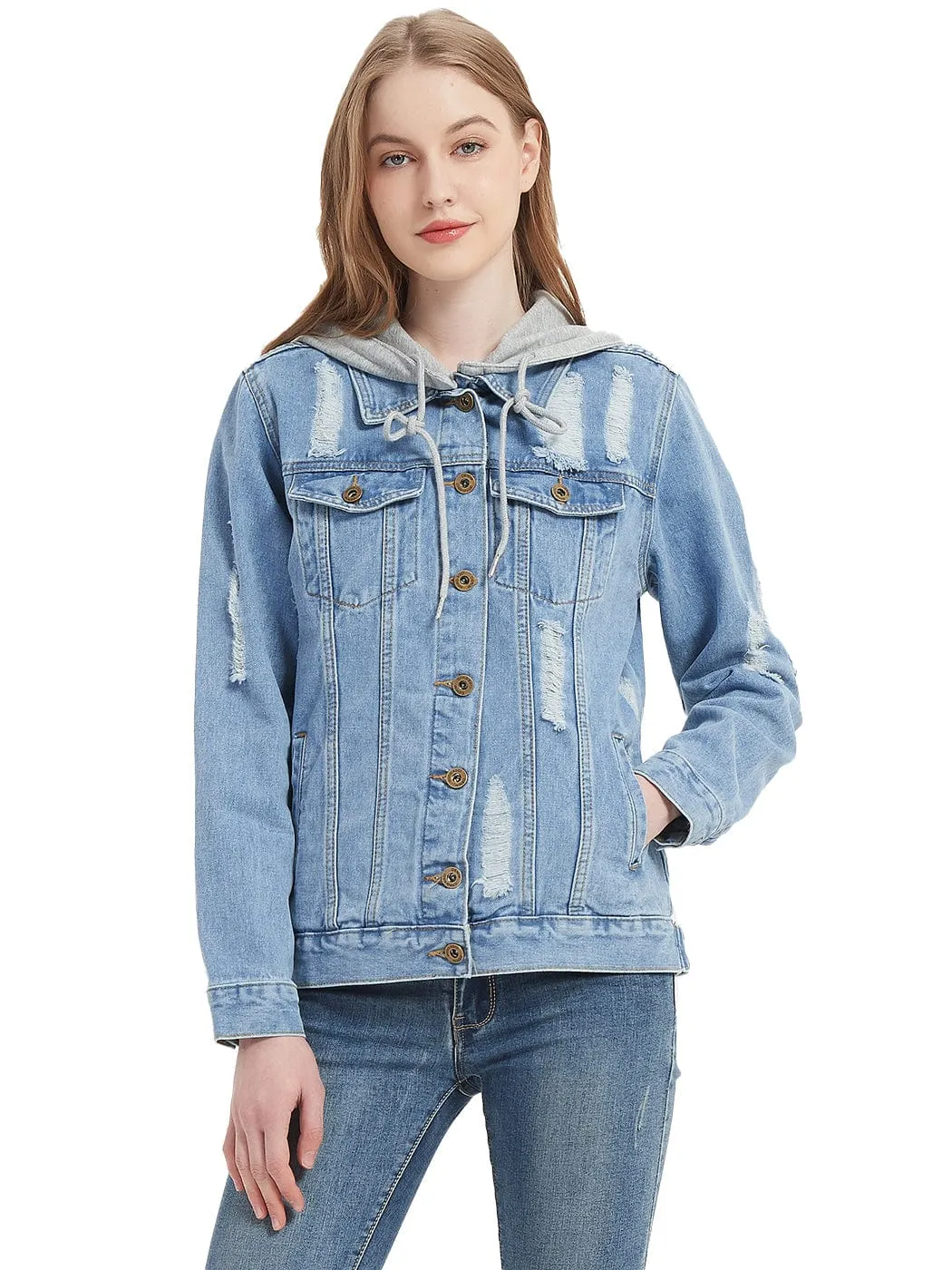 Detachable Hoodie Denim Distressed Jean Jacket