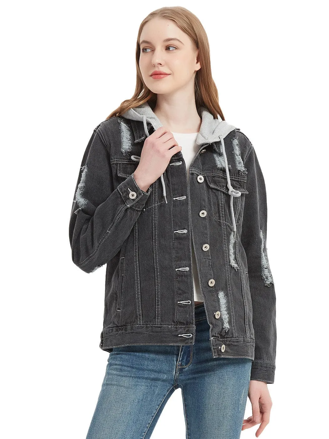 Detachable Hoodie Denim Distressed Jean Jacket