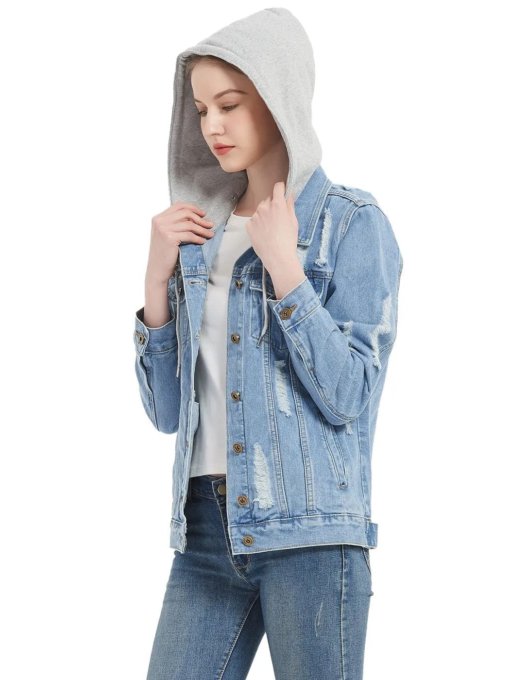Detachable Hoodie Denim Distressed Jean Jacket