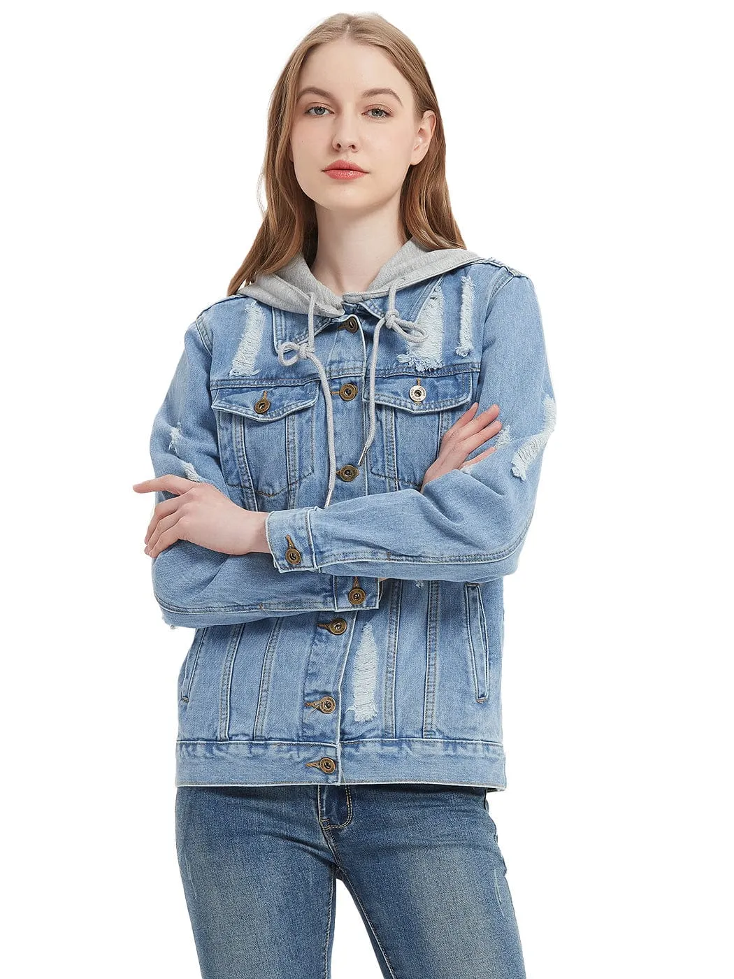 Detachable Hoodie Denim Distressed Jean Jacket